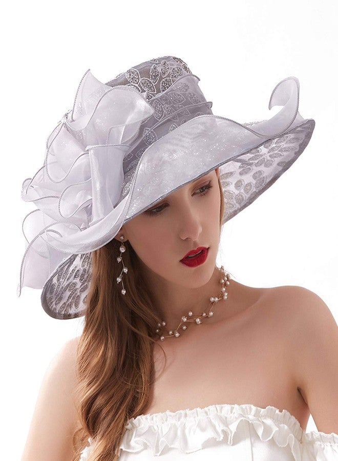ORIDOOR Women’s Organza Church Tea Party Wedding Fascinator Hat UV-Anti Wide Brim Sun Hats A Grey, One Size - Image 1